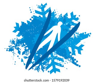 Ski Jumper on Snowflakes grunge background.
Illustration of Ski Jumper flying in v-style. Isolated on white background.