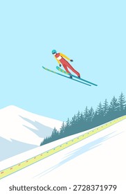 Ski Jumper soars through air in streamlined pose during winter competition games. Vibrant suit and helmet, athlete glides above snowy mountains and spruce, showcasing speed, precision of ski jumping.