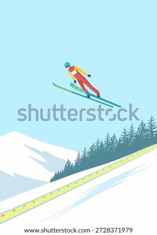 Ski Jumper soars through air in streamlined pose during winter competition games. Vibrant suit and helmet, athlete glides above snowy mountains and spruce, showcasing speed, precision of ski jumping.
