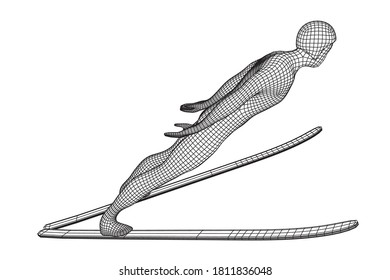 Ski jumper sportsman. Wireframe low poly mesh vector illustration.