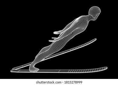 Ski jumper sportsman. Wireframe low poly mesh vector illustration.