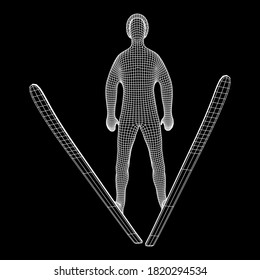 Ski jumper sportsman. Wireframe low poly mesh vector illustration.