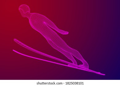Ski jumper sportsman. Wireframe low poly mesh vector illustration.