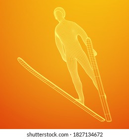 Ski jumper sportsman. Wireframe low poly mesh vector illustration.