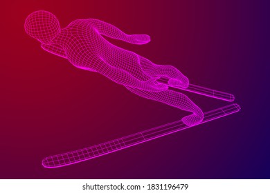 Ski jumper sportsman. Wireframe low poly mesh vector illustration.