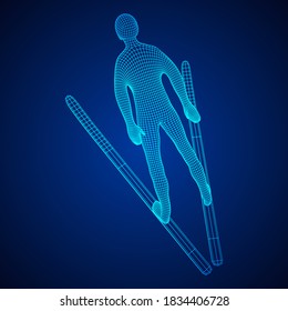 Ski jumper sportsman. Wireframe low poly mesh vector illustration.