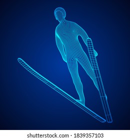 Ski jumper sportsman. Wireframe low poly mesh vector illustration.