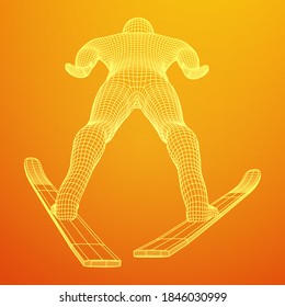 Ski jumper sportsman. Wireframe low poly mesh vector illustration.