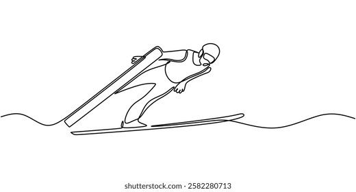 Ski jumping athlete in continuous line drawing. Minimalist depiction of winter sports, extreme action, and competition. Vector illustration hand drawn.