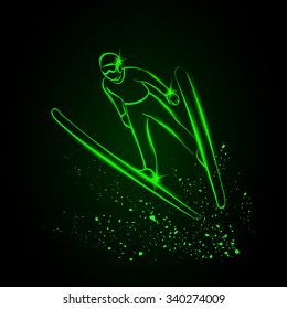 Ski Jumping athlete in fly position. Green Neon style.