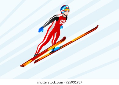 Ski jumping athlete winter sport man vector 3D isometric icon.