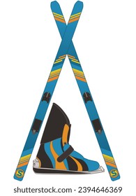 ski jumping, blue skis crossed and ski boot isolated on a white background