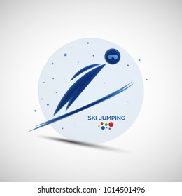 Ski Jumping championship banner. Winter sports icon. Abstract sportsman silhouette. Vector illustration of flying ski jumper for your design