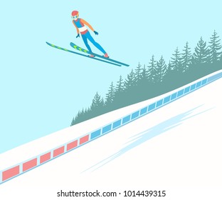 Ski jumping competitions. Jumper in mid air with extreme speed. The background of the forest and slope. Vector illustration EPS-8.