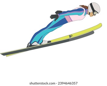 ski jumping, female skier in mid jump arms in V-style position isolated on a white background