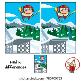 Ski jumping. Find 10 differences. Educational game for children. Cartoon vector illustration