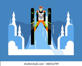 Ski jumping flat design. Extreme speed, competition outdoor,  vector illustration