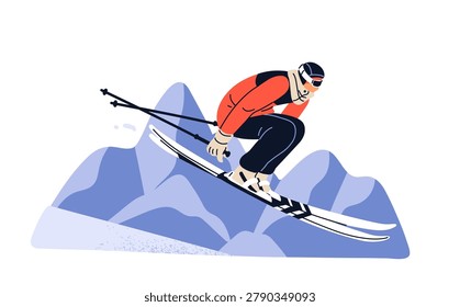 Ski jumping. Freestyle skier in air during extreme trick at fast speed in alpine mountain resort. Skiing, outdoor winter sport activity. Flat factor illustration isolated on a white background