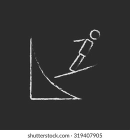 Ski jumping hand drawn in chalk on a blackboard vector white icon isolated on a black background.
