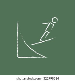 Ski jumping hand drawn in chalk on a blackboard vector white icon isolated on a green background.