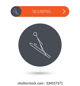 Ski jumping icon. Skis extreme sport sign. Professional competition symbol. Gray flat circle button. Orange button with arrow.