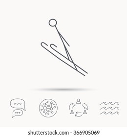 Ski jumping icon. Skis extreme sport sign. Professional competition symbol. Global connect network, ocean wave and chat dialog icons. Teamwork symbol.