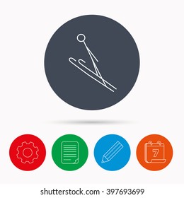 Ski jumping icon. Skis extreme sport sign. Professional competition symbol. Calendar, cogwheel, document file and pencil icons.