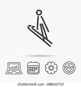 Ski jumping icon. Skis extreme sport sign. Professional competition symbol. Notebook, Calendar and Cogwheel signs. Download arrow web icon. Vector