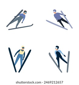 Iconos de salto de esquí conjunto de dibujos animados Vector. Hombre activo y deportivo esquiando. Deporte de invierno