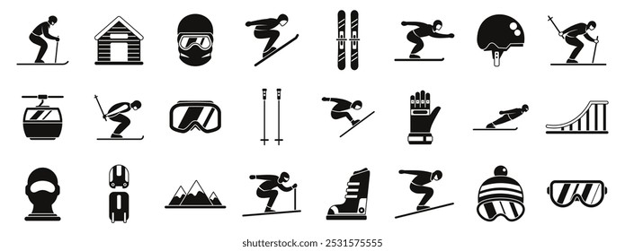 Ski jumping icons set. People skiing and downhill skiing equipment icon set in simple style