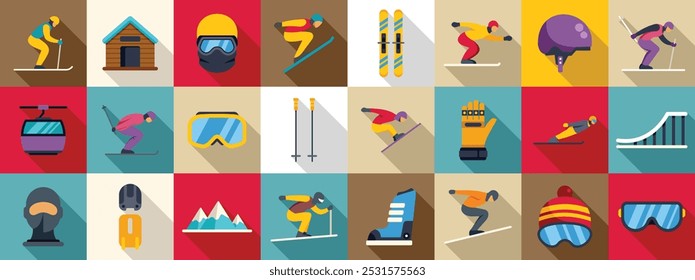 Ski jumping icons set. This set features athletes skiing and snowboarding and winter sports equipment icons in a flat design with long shadows