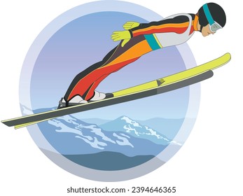 ski jumping, male skier in mid jump arms in V-style position with snow covered mountains in background