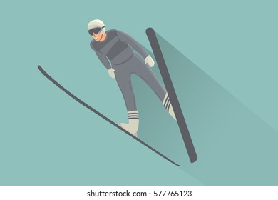 Ski Jumping Man. Cartoon Character. Flat Design