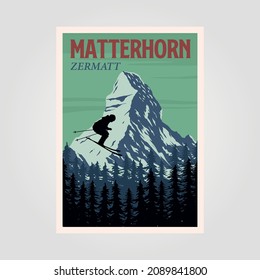 ski jumping at matterhorn mountain poster vintage illustration design, alpine mountain ski resort poster print