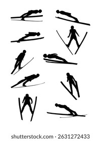 Ski jumping silhouettes on white background.
