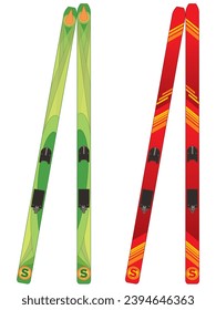 ski jumping skis, red pair and green pair isolated on a white background