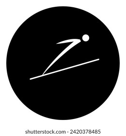 A Ski jumping symbol in the center. Isolated white symbol in black circle. Vector illustration on white background