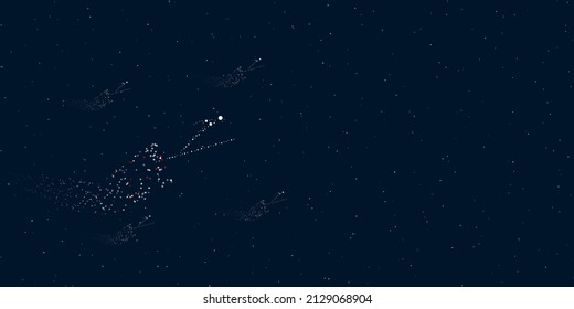 A Ski jumping symbol filled with dots flies through the stars leaving a trail behind. There are four small symbols around. Vector illustration on dark blue background with stars