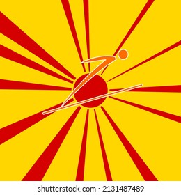 Símbolo de salto de esquí sobre un fondo de líneas radiales de explosión de flash rojo. El gran símbolo naranja se encuentra en el centro del sol, simbolizando la salida del sol. Ilustración del vector sobre fondo amarillo