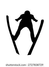 Ilustración de silueta de Vector de salto de esquí aislada. Saltador de esquí de deporte extremo de invierno en forma de sombra de acción. Aventura de salto de esquí de hombre valiente. Habilidades de esquí acrobático en el aire. Chico atleta vuela a alta velocidad.