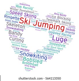Ski jumping. Word cloud, heart inside heart, italic font, white background. Love of sport.