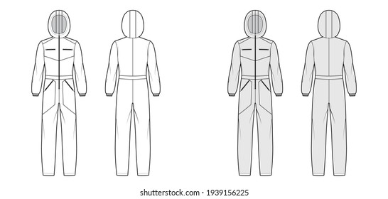 Ski jumpsuit overall jumpsuit technical fashion illustration with full length, hood, zipper closure, high rise, pockets. Flat Dungaree front back, white, grey color style. Women, men unisex CAD mockup