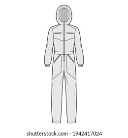 Ski jumpsuit overall jumpsuit technical fashion illustration with full length, normal waist, hood, zipper closure, high rise, pockets. Flat Dungaree front grey color style. Women men unisex CAD mockup