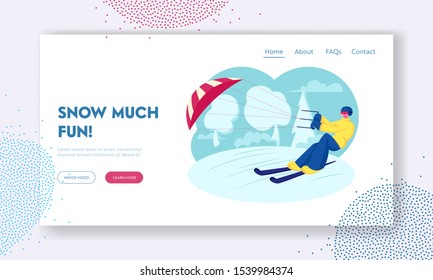 Ski Kiting or Snowkiting Extreme Sport Recreation Website Landing Page. Happy Sportsman or Sportswoman Skiing with Kite on Snow-covered Frozen Surface Web Page Banner. Cartoon Flat Vector Illustration
