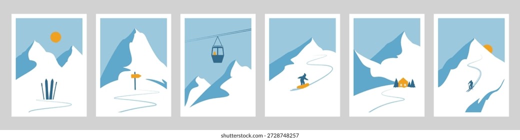 Pôsteres de paisagem de esqui e cenário alpino para fundos de resort de montanha anúncios ilustração vetorial. Conjunto isolado de modelos de panfletos de viagem sazonal, coleção de banners de esportes de inverno