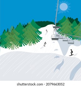 Ski landscape of Austria:  trees, silhouettes of skiers, ski lift. Vector graphics