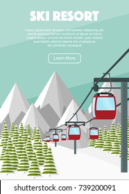 Ski lift cable car, Alps, fir trees, falling snow, mountains panoramic background, flat vector illustration. Ski resort season is open. Winter web banner design.