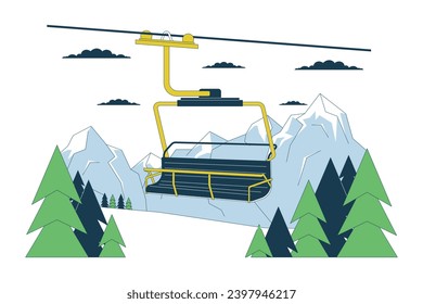 Ski lift chair in forest mountains line cartoon flat illustration. Chairlift at ski resort 2D lineart landscape isolated on white background. Elevator cableway woodland scene vector color image