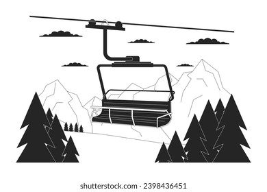 Ski lift chair in forest mountains black and white cartoon flat illustration. Chairlift at ski resort 2D lineart landscape isolated. Elevator cableway woodland monochrome scene vector outline image