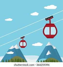 Ski Lift Gondola Snow Mountains, Forest -  Vector Illustration